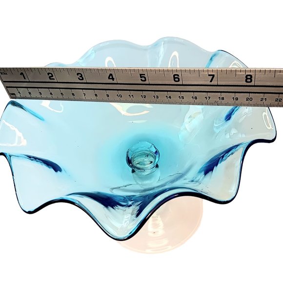 Blue Glass Hand Blown Ruffled Candy Compote Dish Clear Stem Mid-century Modern - Picture 9 of 12